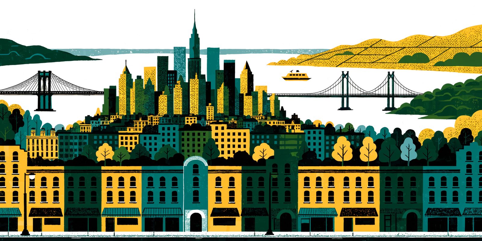 Illustration of New York City: the Manhattan skyline, bridges, a ferry and a neighborhood street with shops